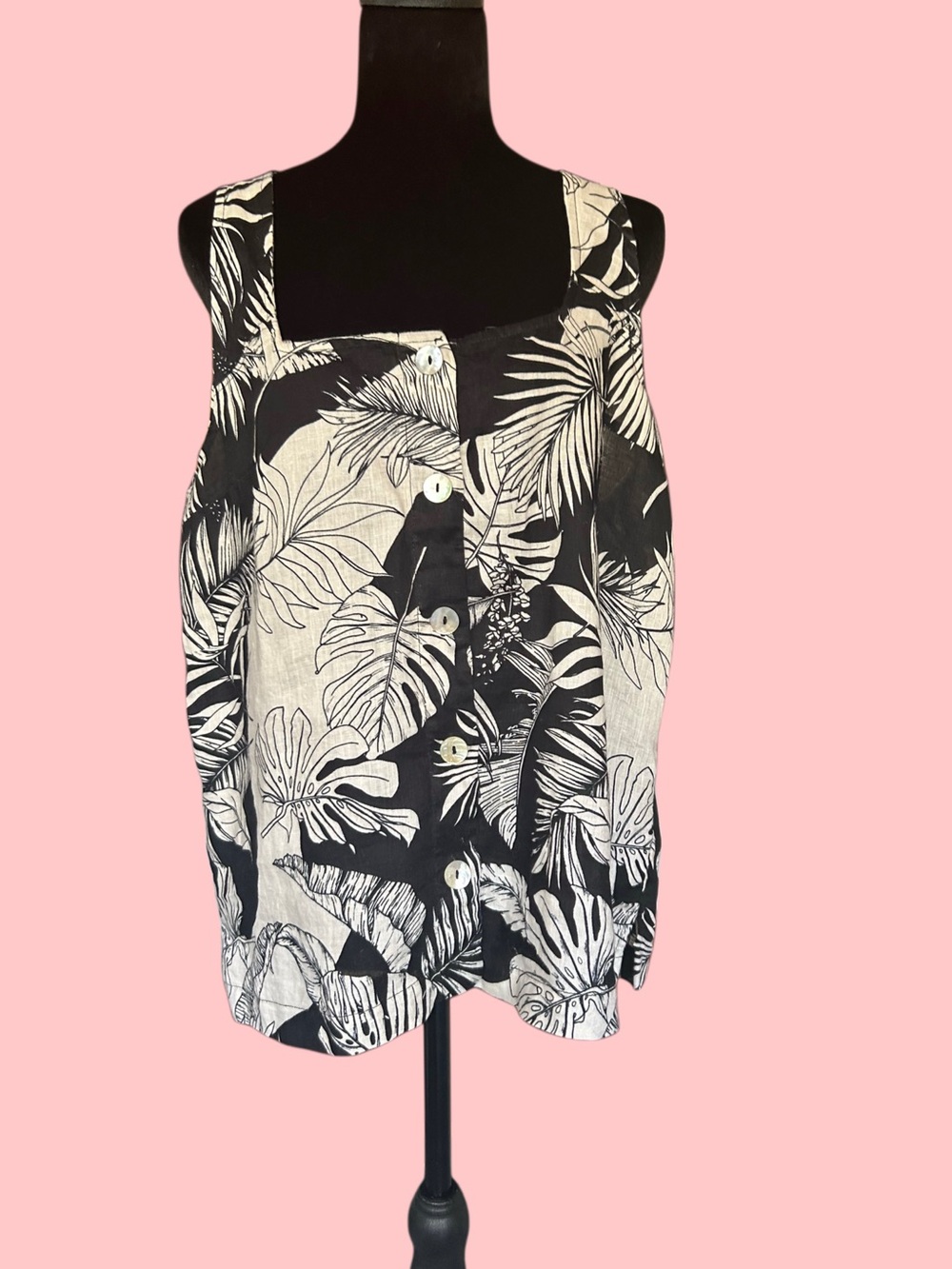Christian Siriano Linen B&W Tropical Palm Leaf Square Neck Tank Top, L